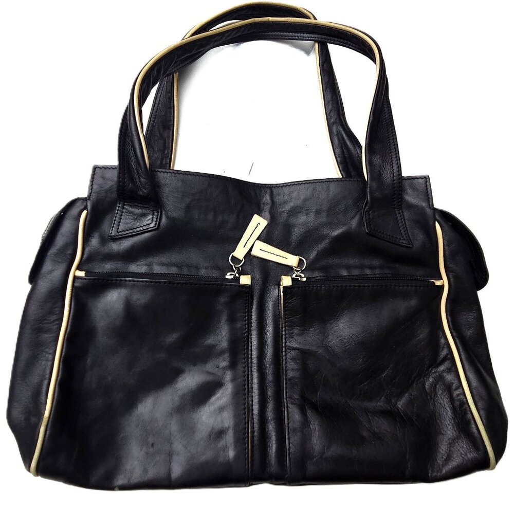 Vintage Petusco Leather Tote Bag – Black with Beige Trim – Made in Barcelona